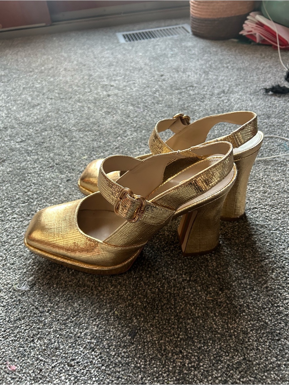 Gold Metallic Block Heel Mary Jane Slingback Pumps